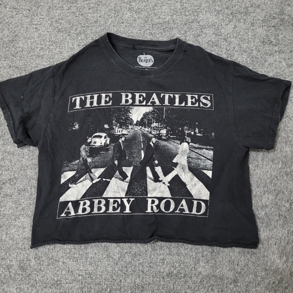 The Beatles T-Shirt Womens Size S Black Abbey Road Graphic Cropped Raw Hem Tee